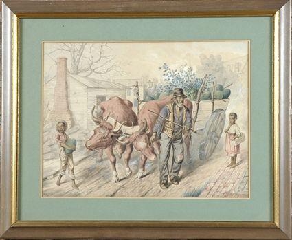 Appraisal: American School th C Street Scene with Ox Cart Watercolor