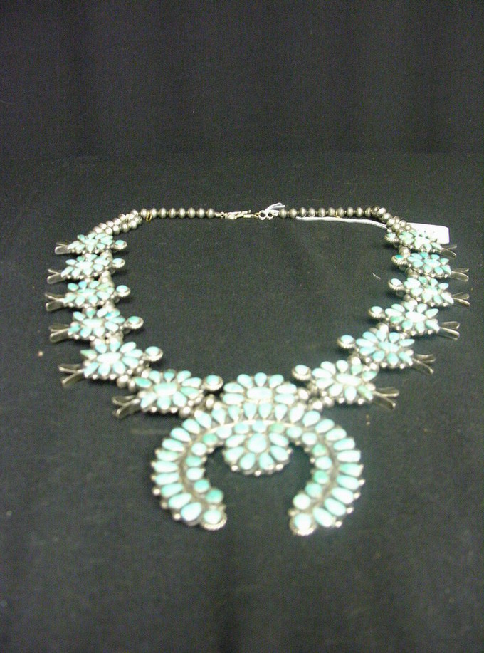 Appraisal: LARGE TURQUOISE SILVER SQUASH BLOSSOM NECKLACE Luni turquoise silver large