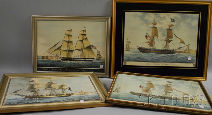 Appraisal: Four Framed Reproduction Marine Prints and a Contemporary Half-hull Model