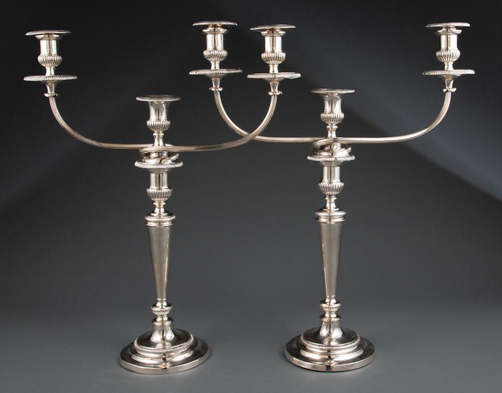 Appraisal: Pair of Old Sheffield Plate Three-Light Candelabra double sunburst mark