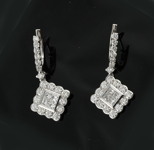 Appraisal: A pair of diamond drop earrings Each having a square