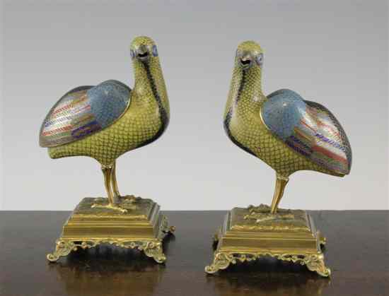 Appraisal: A pair of Chinese cloisonne enamel 'quail' incense burners and