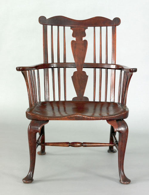 Appraisal: English Queen Anne yewwood windsor armchair mid th c