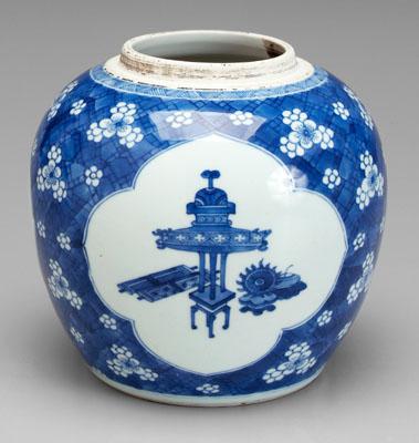 Appraisal: Chinese blue and white jar three quatrefoil cartouches with The