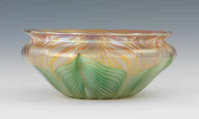 Appraisal: A Green Pulled Feather Signed Quezal Bowl Apprx - D