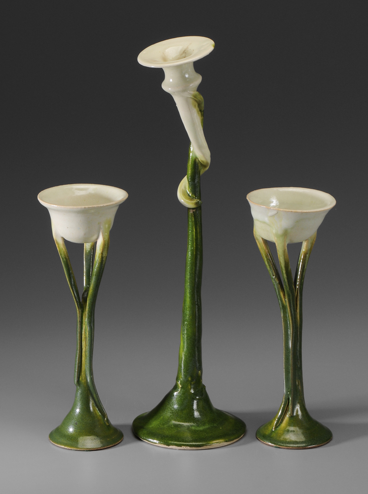 Appraisal: Set of Three Stoneware Candleholders mid- th century hand-formed calla