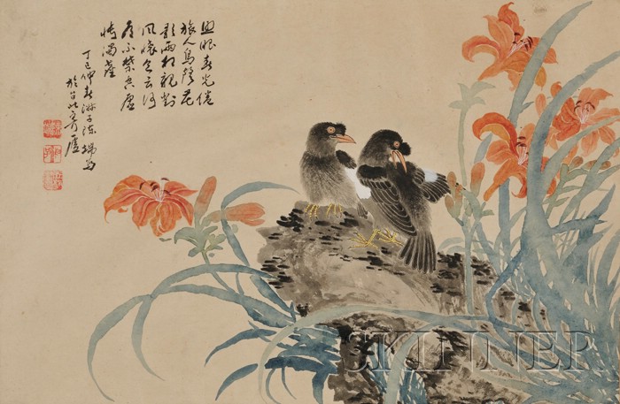 Appraisal: Painting China th century magpies and lilies ink and colors