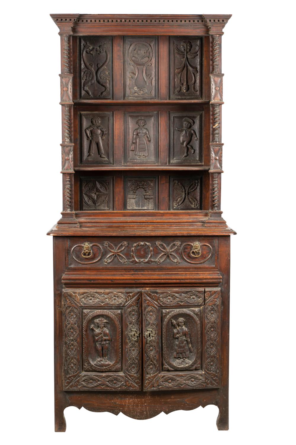 Appraisal: BELGIAN CARVED OAK BOOKCASEin two parts Provenance Chuck Fries God