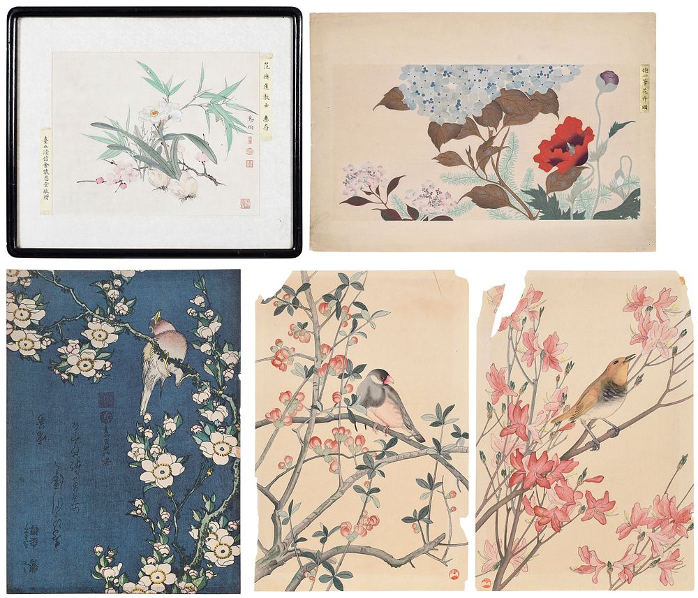 Appraisal: Group of Five Kacho-e Japanese Woodblock Prints Four bird and