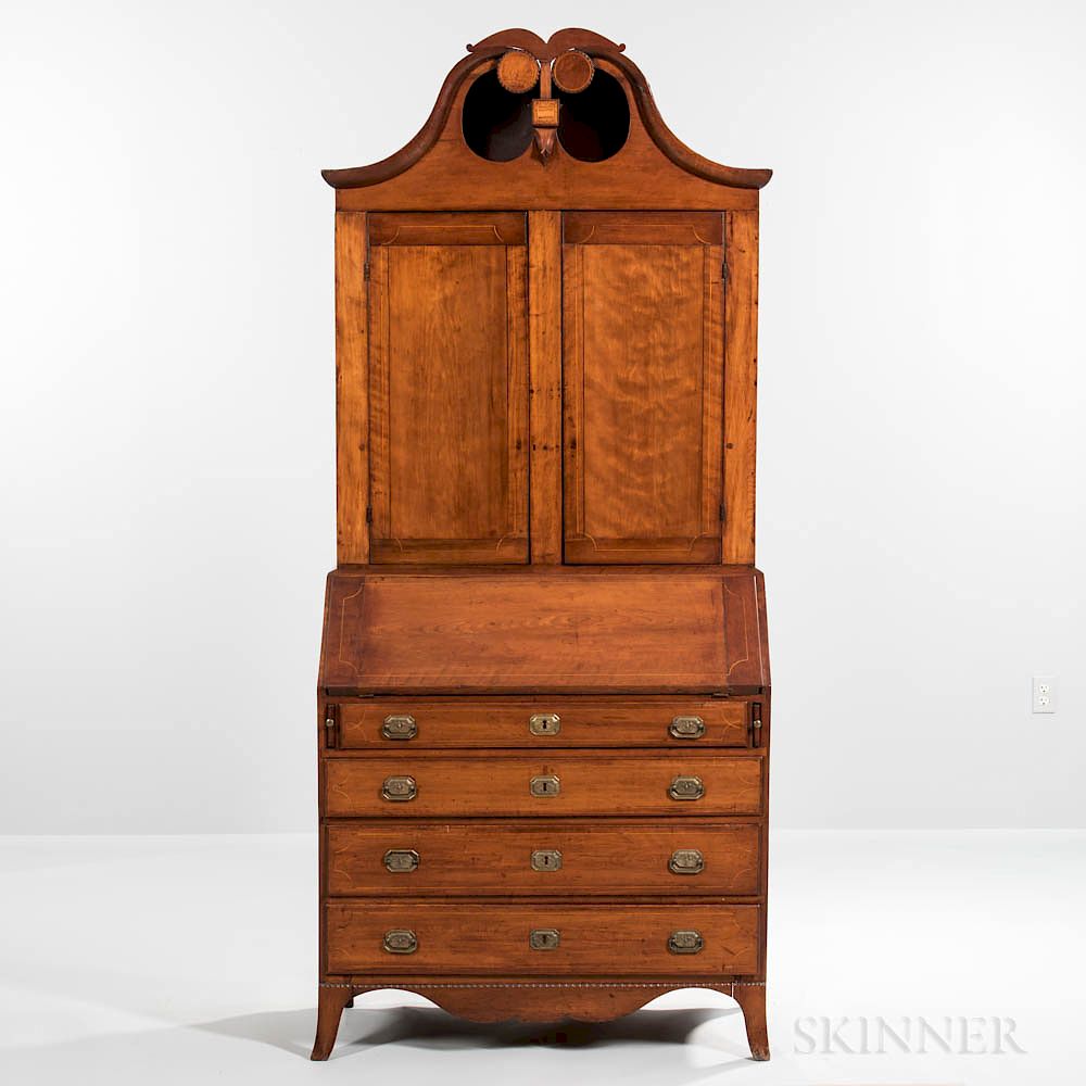 Appraisal: Federal Inlaid Cherry Scroll-top Desk Bookcase Federal Inlaid Cherry Scroll-top