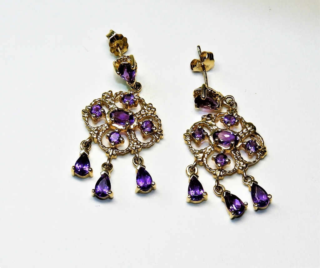 Appraisal: ESTATE K GOLD AMETHYST FANCY DROP EARRINGS China th Century