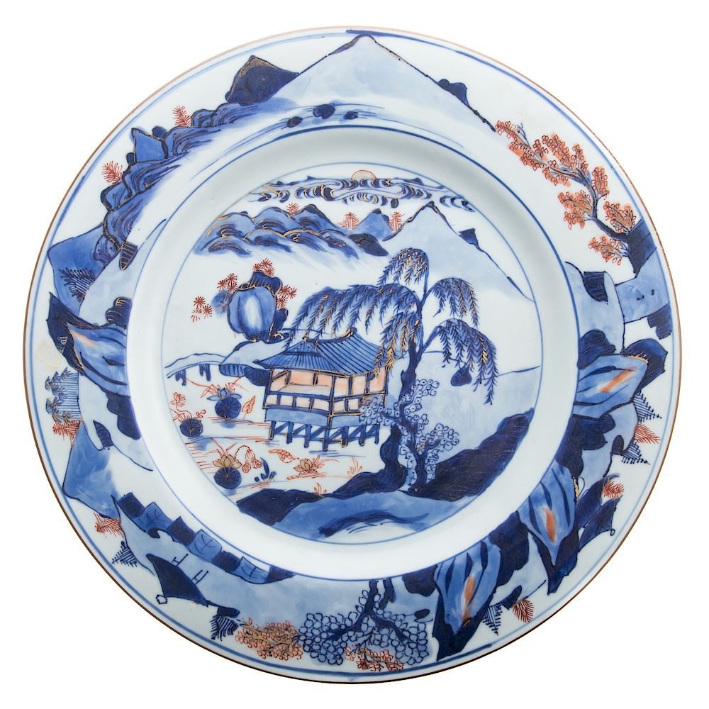 Appraisal: Chinese Export Imari Porcelain Charger Kang Xi circa pagoda river