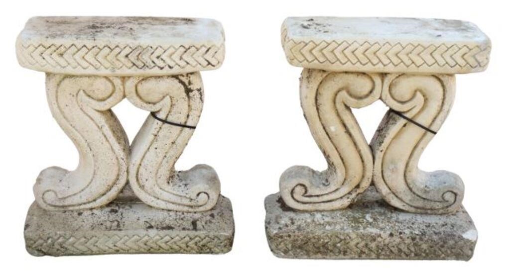 Appraisal: pair Cast stone architectural garden bench supports incised trim with