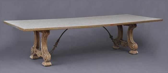 Appraisal: BAROQUE-STYLE WROUGHT-IRON MOUNTED CARVED GILTWOOD TRESTLE TABLE WITH SHELL-INLAID TOP