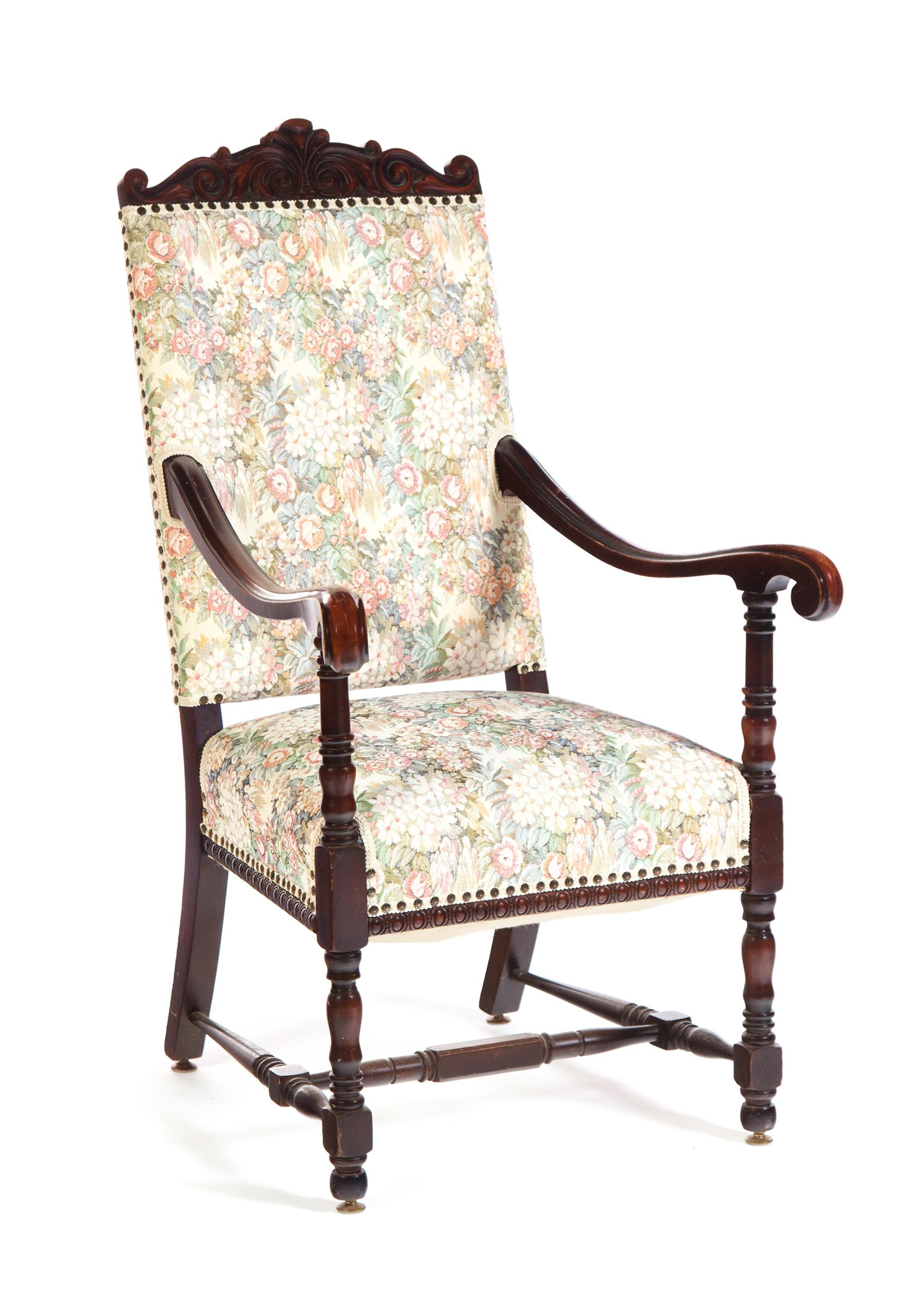 Appraisal: MEDIEVAL-STYLE ARMCHAIR American st quarter- th century mahogany frame Carved