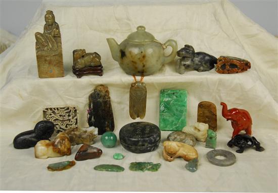 Appraisal: COLLECTION OF CHINESE CARVED HARDSTONE ITEMS including covered teapot a