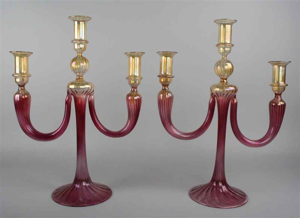 Appraisal: TWO VENETIAN ROSE TO AMBER GLASS CANDELABRA each with two