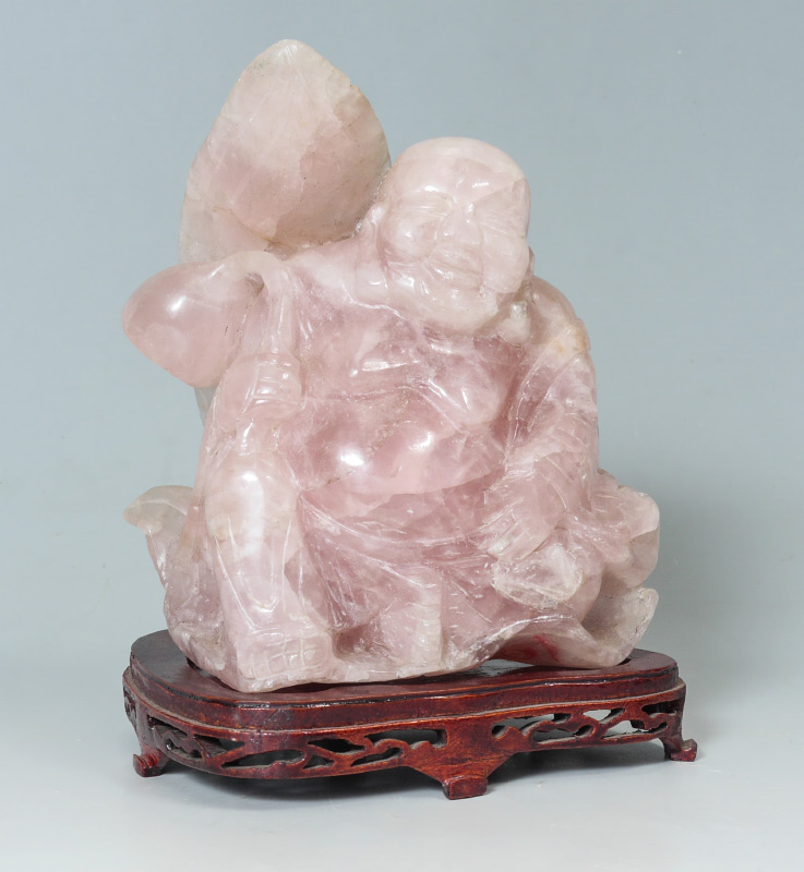 Appraisal: CHINESE CARVED PINK QUARTZ BUDDHA Seated ''Happy'' Buddha '' h