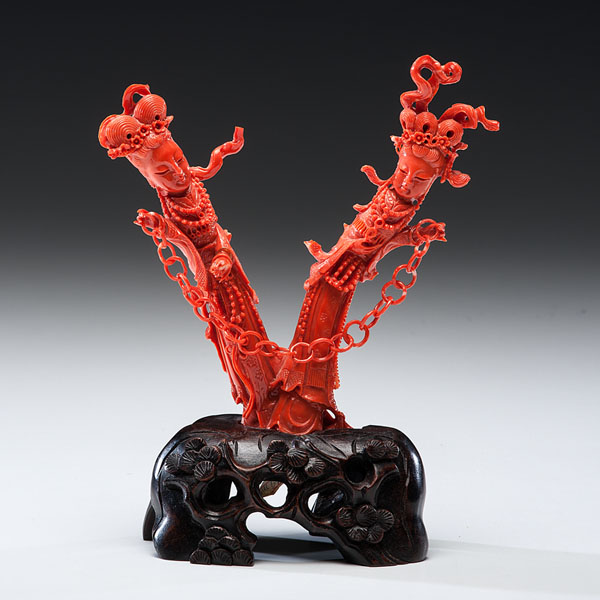 Appraisal: Chinese A carved coral figural group representing two Guanyin figures