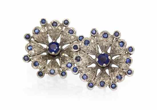 Appraisal: A Pair of White Gold Sapphire and Diamond Flower Earrings