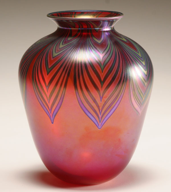 Appraisal: Charles Lotton red iridescent studio glass vase Blue green and