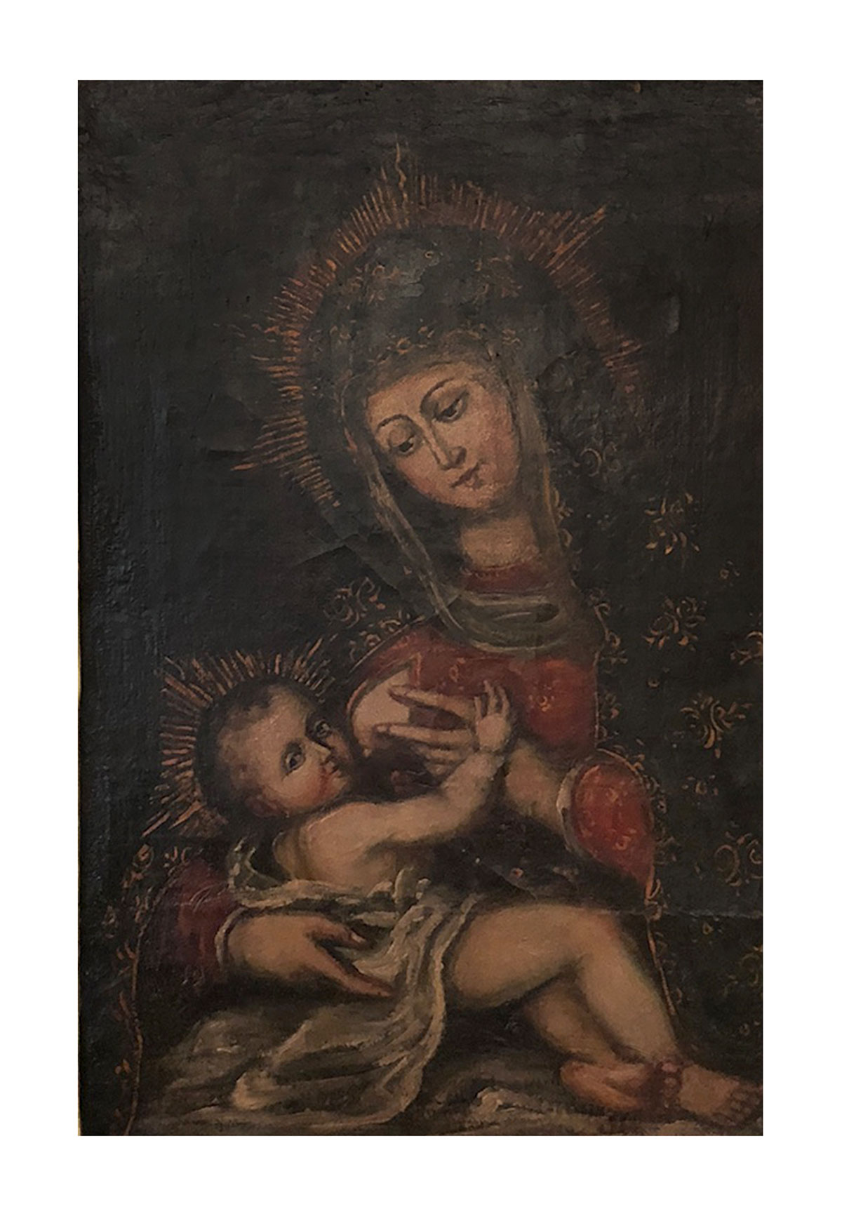 Appraisal: PERUVIAN MADONNA AND CHILD PAINTING Oil Canvas '' x ''