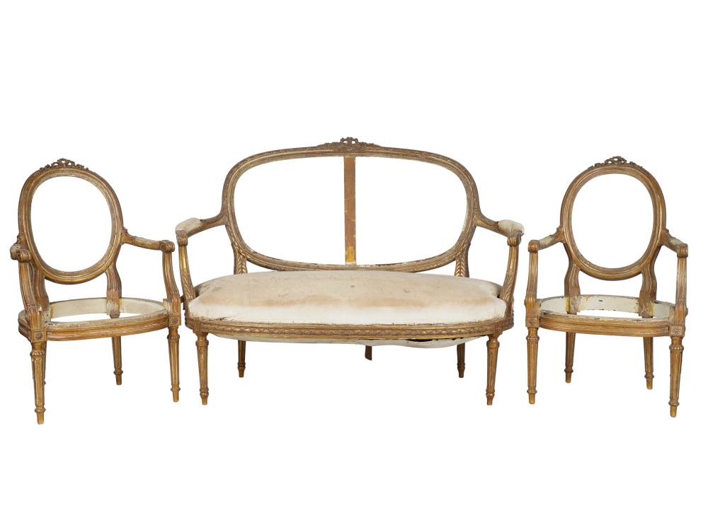 Appraisal: LOUIS XVI-STYLE GILTWOOD SALON SUITEcomprising a settee frame inches wide