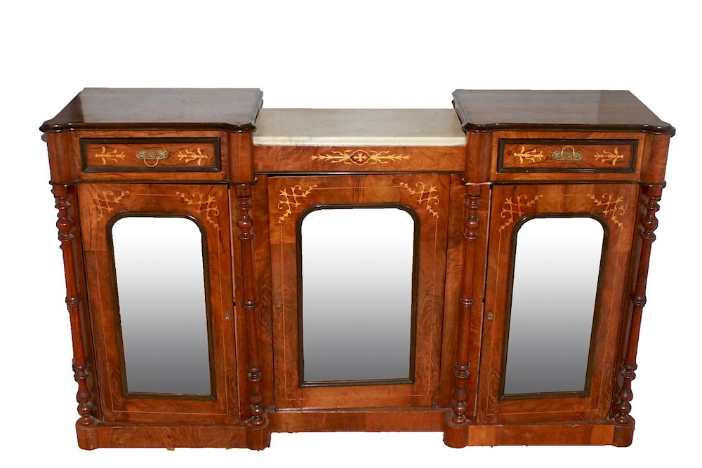 Appraisal: Exotic Wood Marquetry Marble Sideboard Exotic wood marquetry and marble