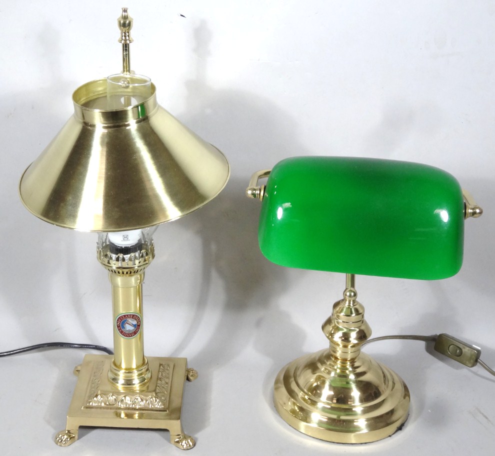 Appraisal: A modern brass table lamp with green Perspex shade of