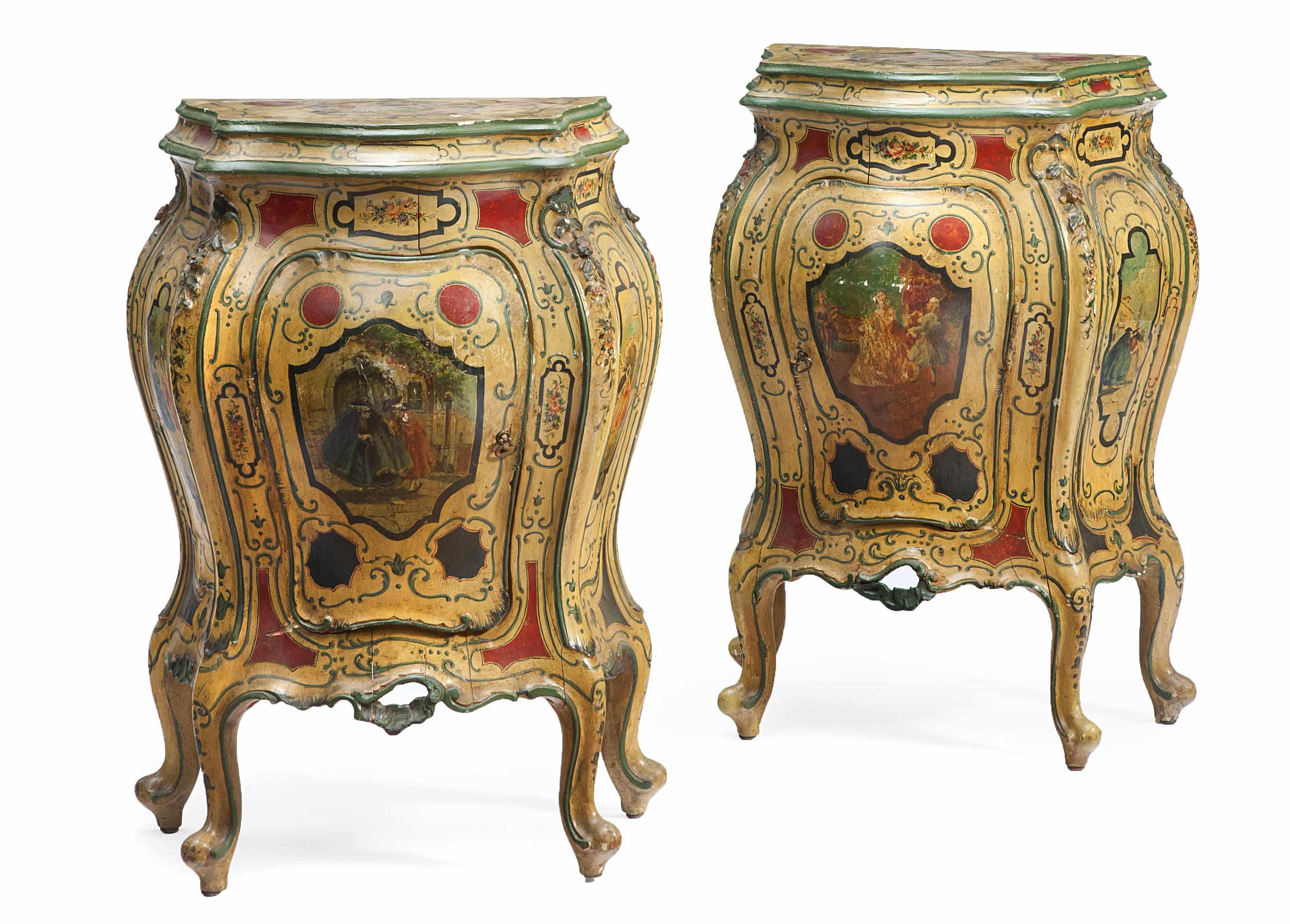 Appraisal: A pair of Italian Rococo style paint decorated commodini early