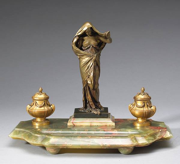 Appraisal: A French patinated gilt bronze and green onyx inkstand La