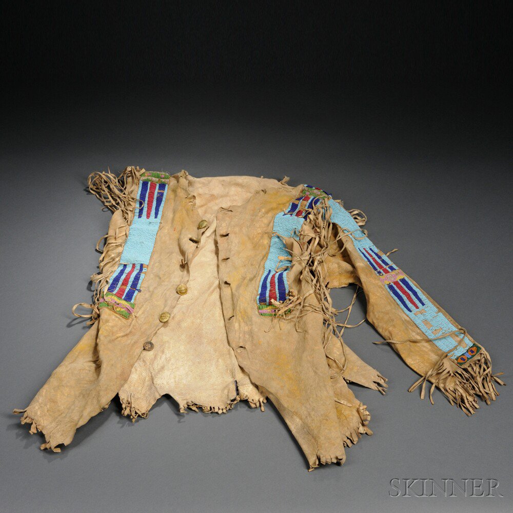 Appraisal: Remnants of a Plains Beaded Hide Shirt includes the beaded