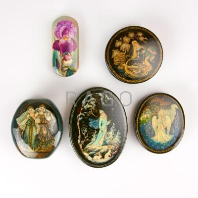 Appraisal: RUSSIAN LACQUERED BOXES Five miniatures with enamel painting th c