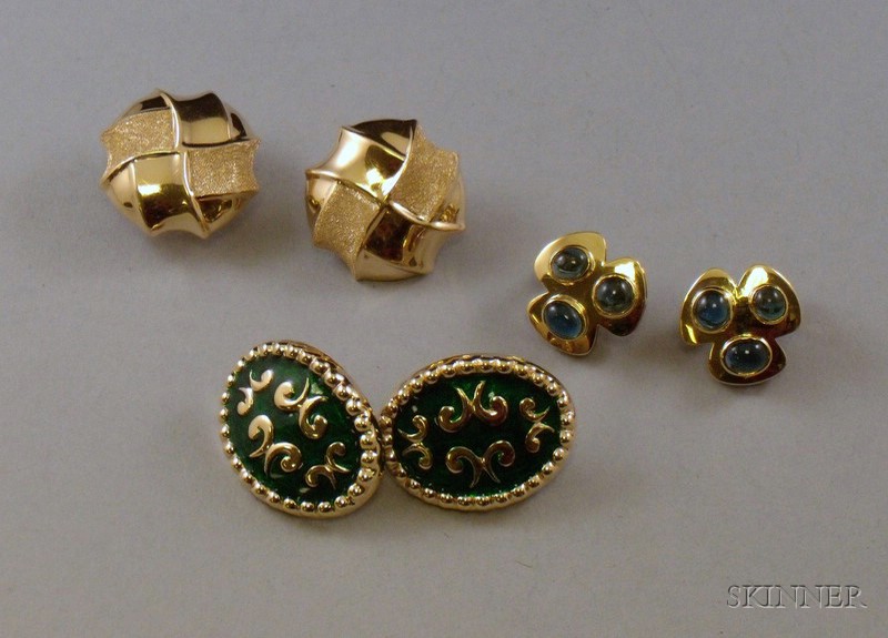 Appraisal: Three Pairs of kt Gold Earclips one with tourmaline cabochon