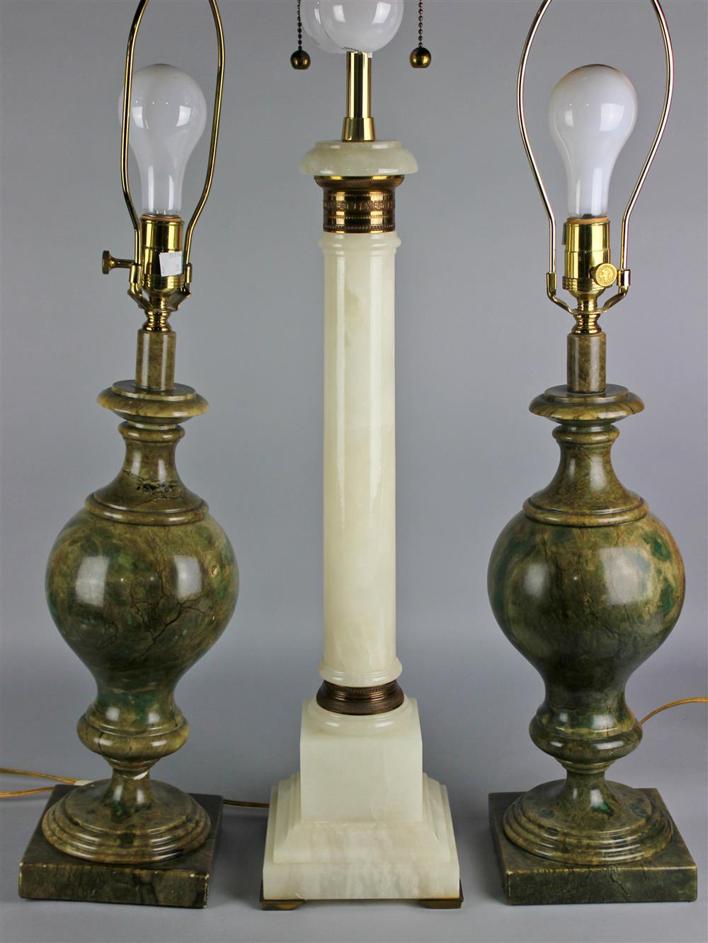 Appraisal: PAIR OF GREEN STONE LAMPS TOGETHER WITH AN ALABASTER LAMP