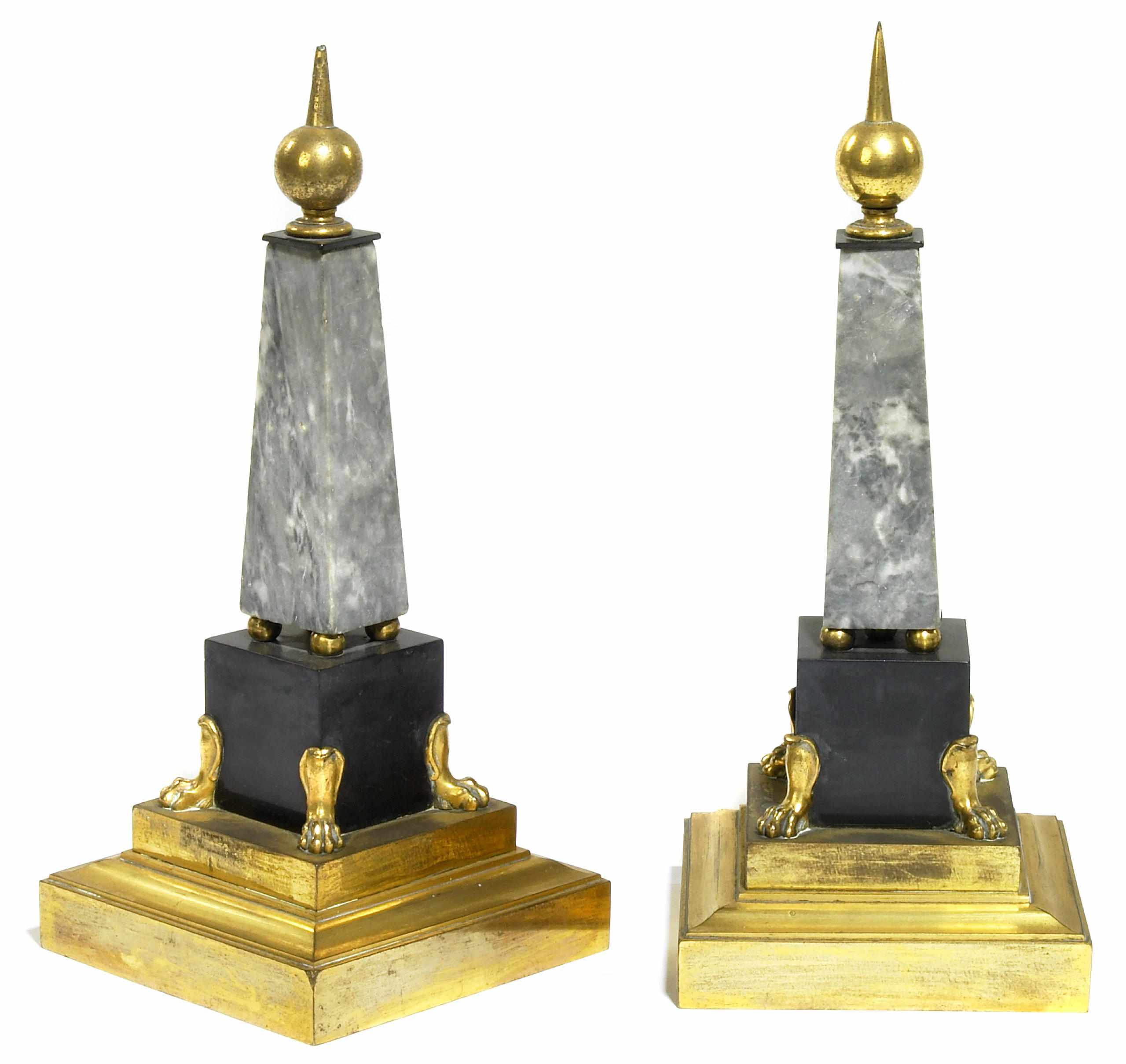 Appraisal: A pair of French gilt metal and marble obelisks circa