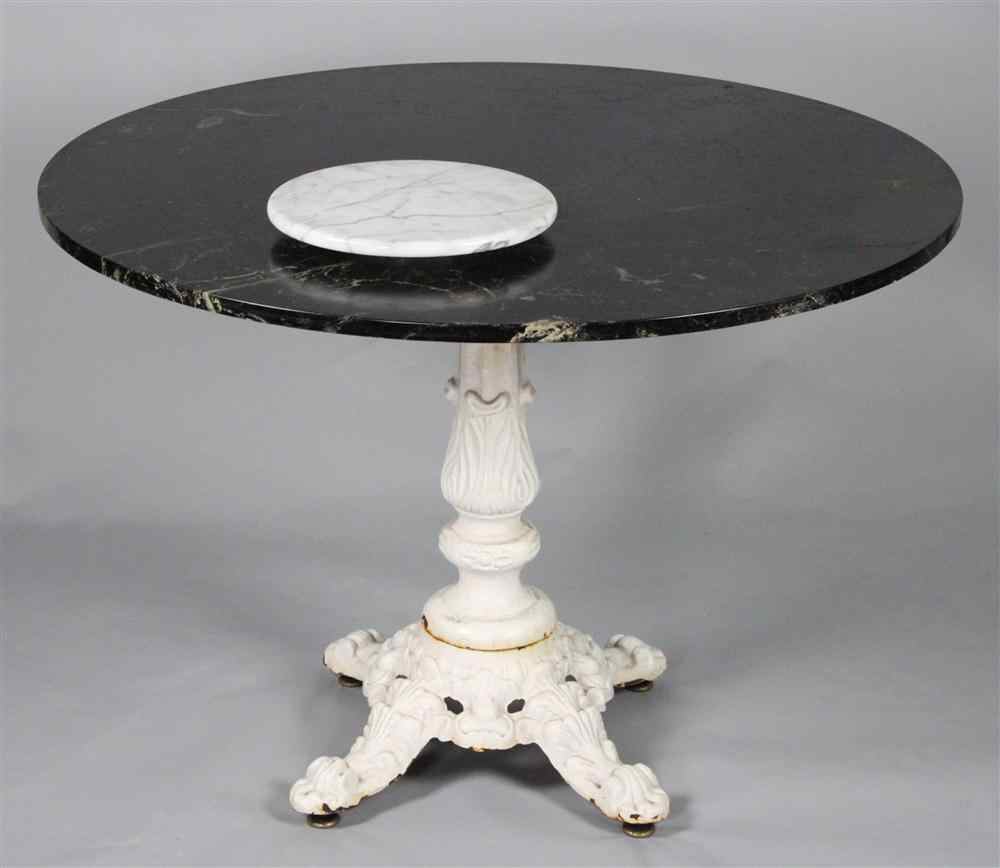 Appraisal: WHITE PAINTED CAST IRON AND MARBLE GARDEN TABLE having a