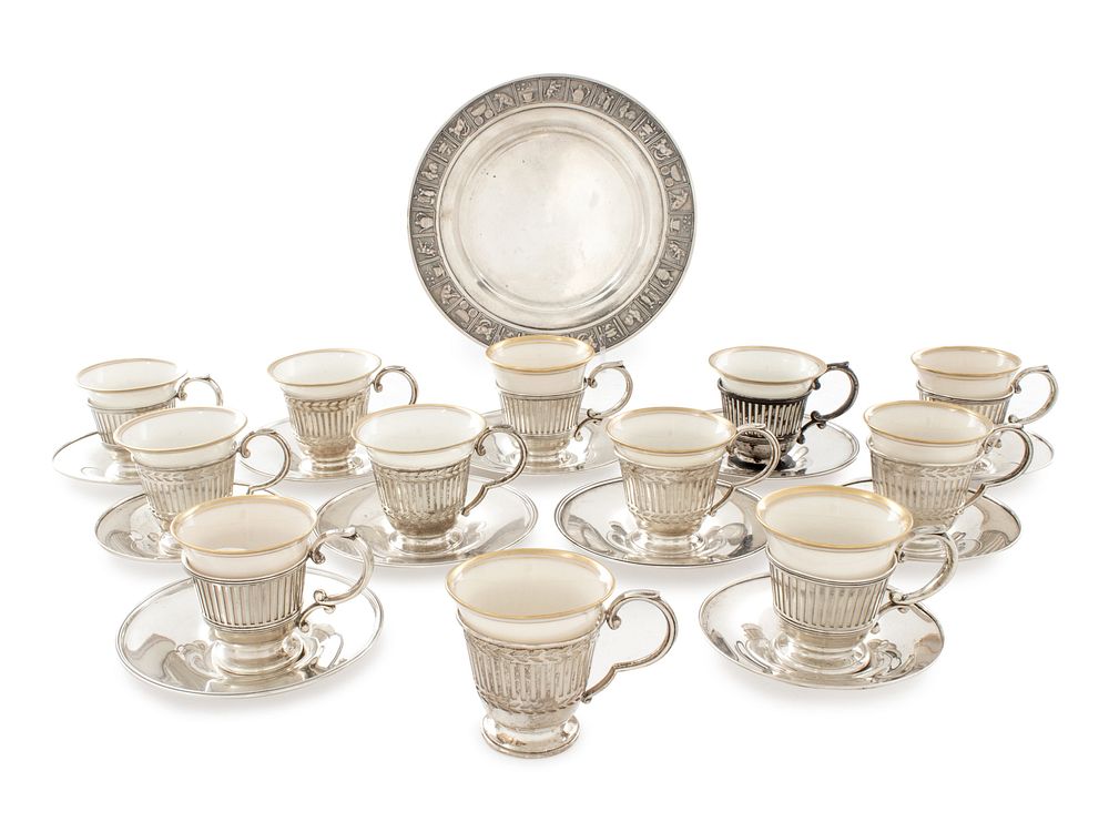 Appraisal: An American Silver and Porcelain-Inset Demitasse Service An American Silver