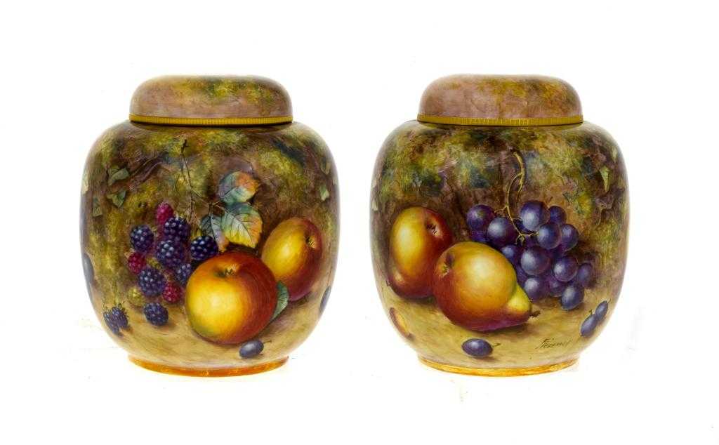 Appraisal: A PAIR OF ROYAL WORCESTER GINGER JARS AND COVERS painted