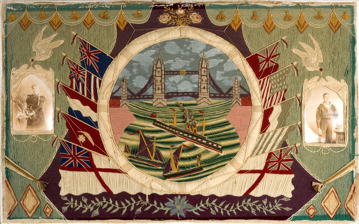 Appraisal: BRITISH WOOLWORK DEPICTING LONDON'S TOWER BRIDGE WITH STEAMSHIP AND TWO