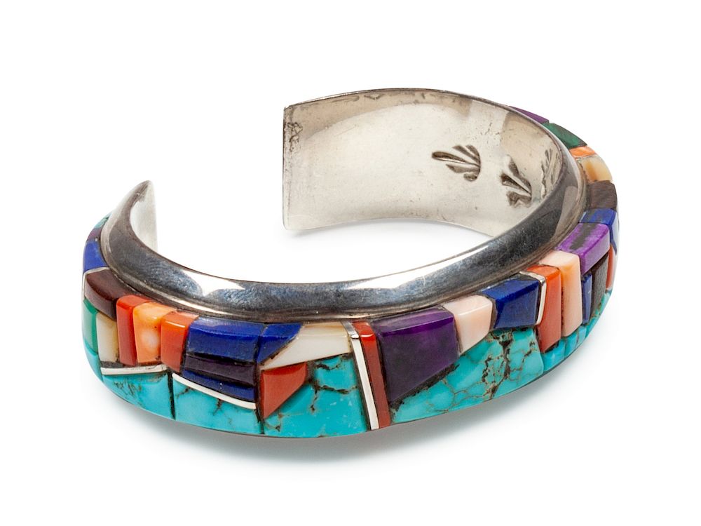 Appraisal: Wes Willie Dine b Sterling silver cuff bracelet with turquoise