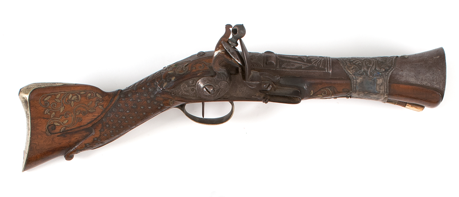 Appraisal: SILVER AND BRASS-MOUNTED TURKISH FLINTLOCK BLUNDERBUSS PISTOL th CenturyOrnately engraved