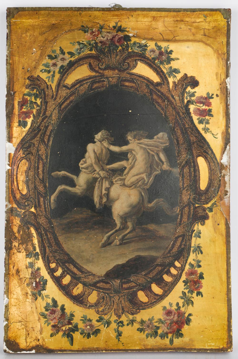 Appraisal: CONTINENTAL PAINTED WOOD PANELdecorated with an en grisaille depiction of