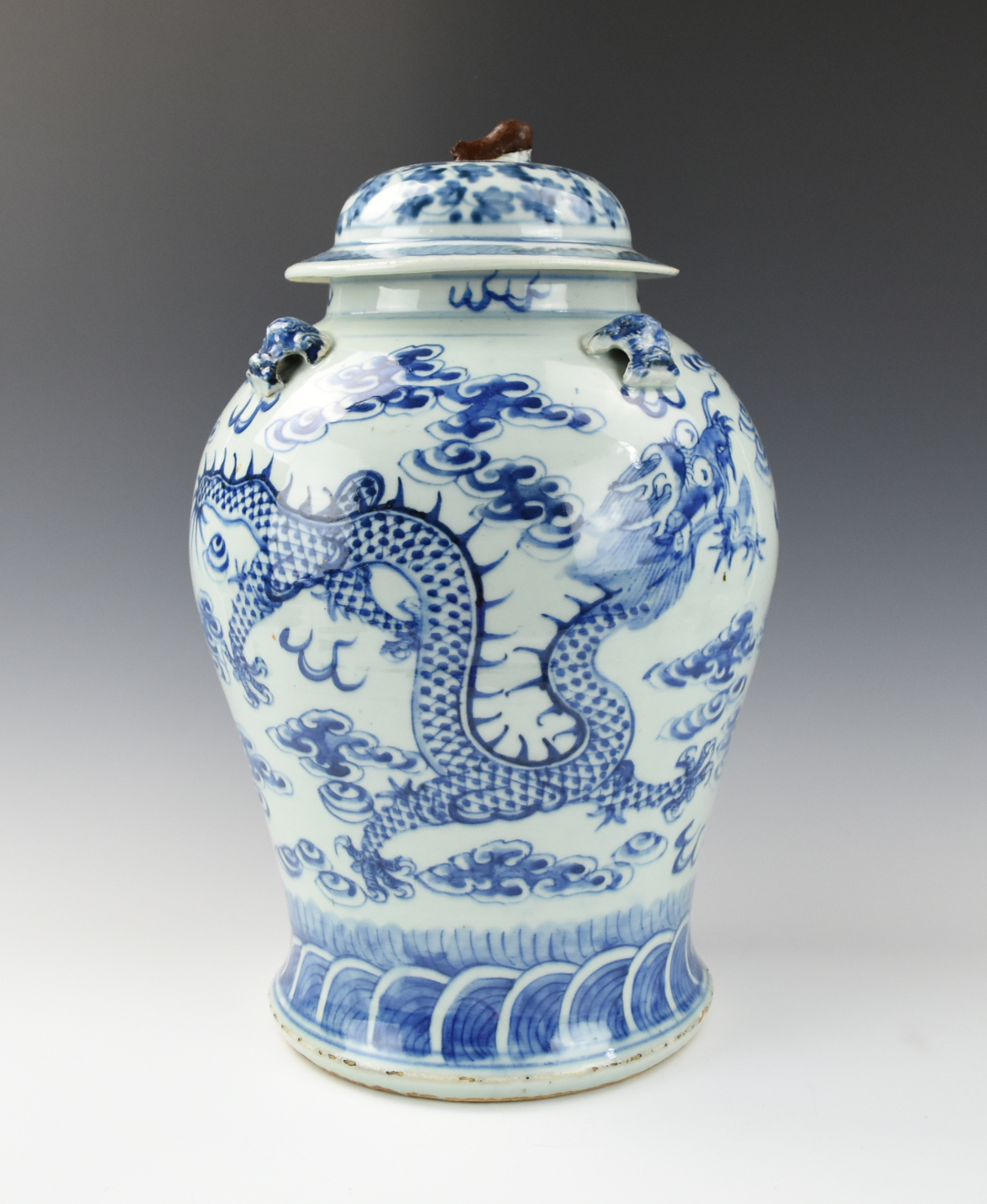 Appraisal: CHINESE BLUE WHITE DRAGON JAR AND COVER TH C Chinese