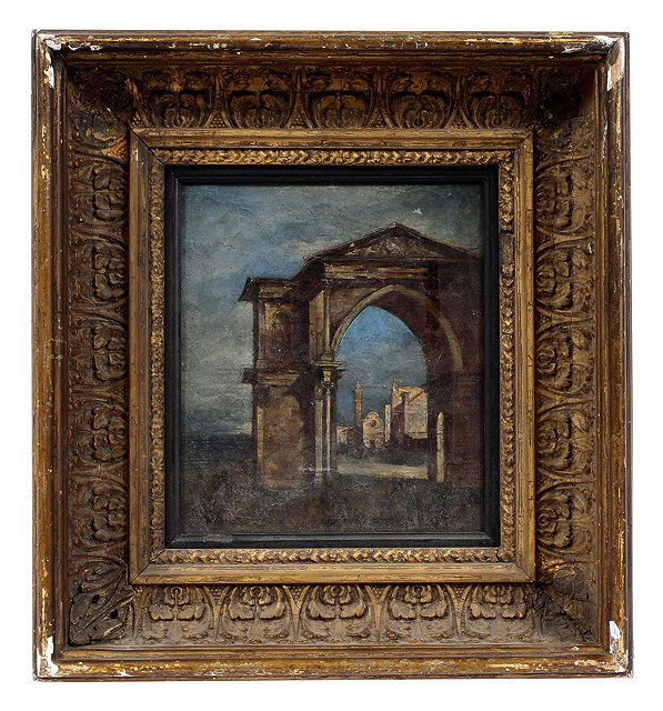 Appraisal: FOLLOWER OF GUARDI'Venetian Arch' oil on canvas in a gilded