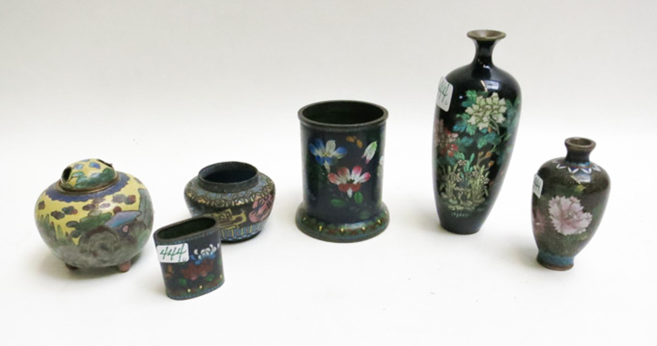 Appraisal: SIX CLOISONNE VESSELS includes Japanese brush pot footed censor with