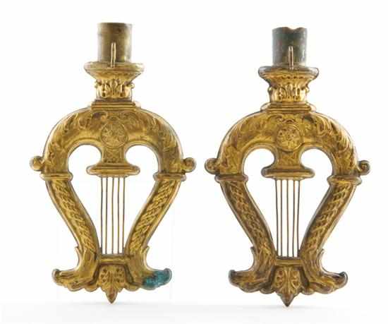 Appraisal: Pair brass lyre-form flagstaff ornaments th century probably French unusual