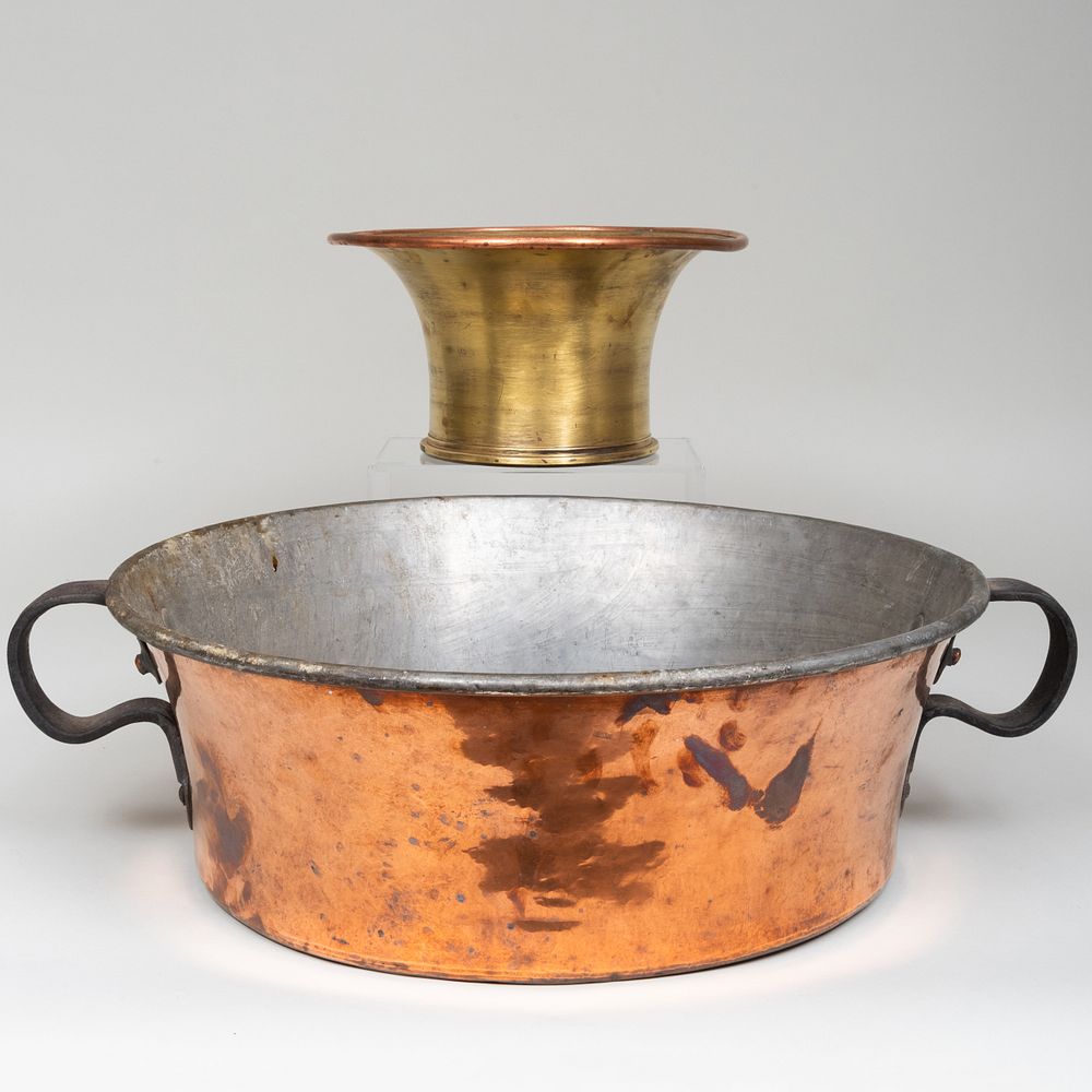 Appraisal: Continental Gilt Bronze Mortar with Copper Two Handle Basin Possibly