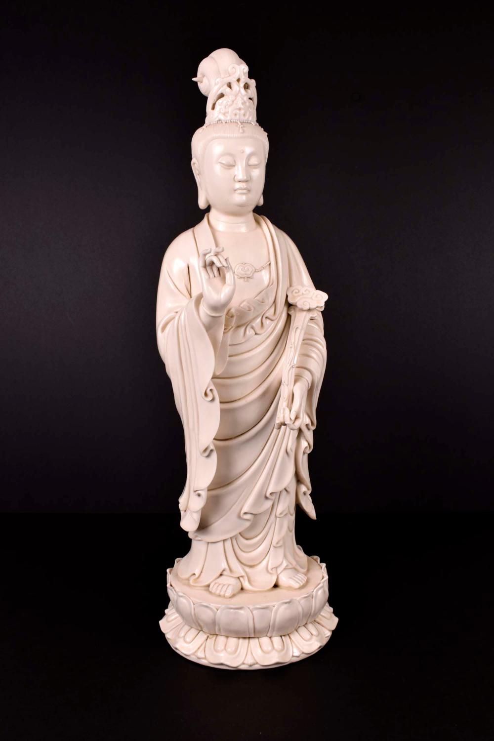 Appraisal: LARGE CHINESE BLANC-DE-CHINE QUANYINLate th Early th Century Standing upon