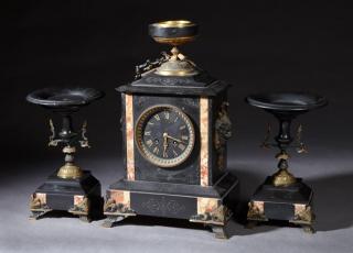 Appraisal: Three Piece French Black and Rouge Marble Clock Se Three